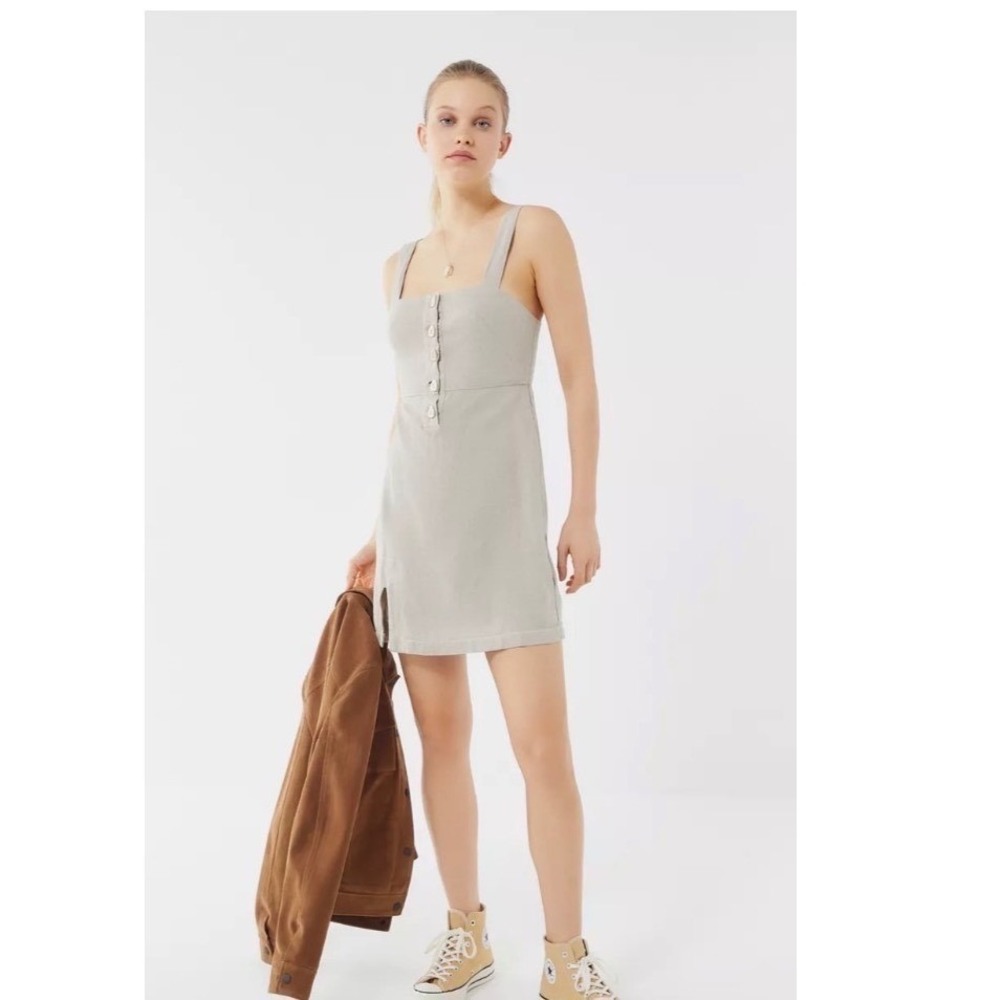 Urban Outfitters Linen Blend Button Front Mini Dress Oatmeal Smocked Back Size M